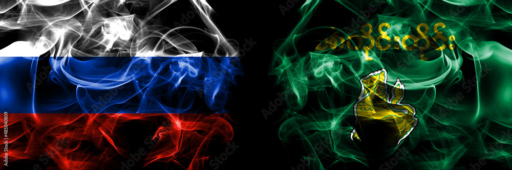 Russia, Russian vs Myanmar, Sagaing Division flags. Smoke flag placed side by side isolated on black background