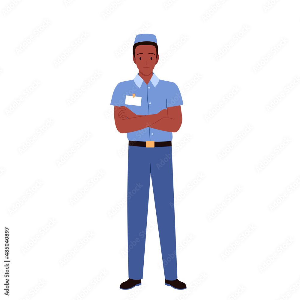 Confident african american seller man standing with crossed arms. Shop sales representative manager, customer assistance and consultation salesperson flat vector illustration Confident african american seller man standing with crossed arms. Shop sales representative manager, customer assistance and consultation salesperson flat vector illustration