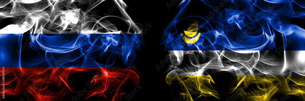 Russia, Russian vs Russia, Buryatia flags. Smoke flag placed side by side isolated on black background