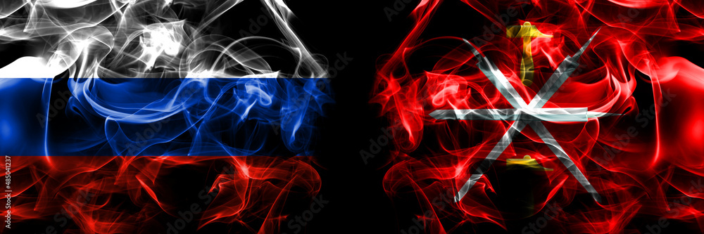 Russia, Russian vs Russia, Russian, Tula Oblast flags. Smoke flag placed side by side isolated on black background