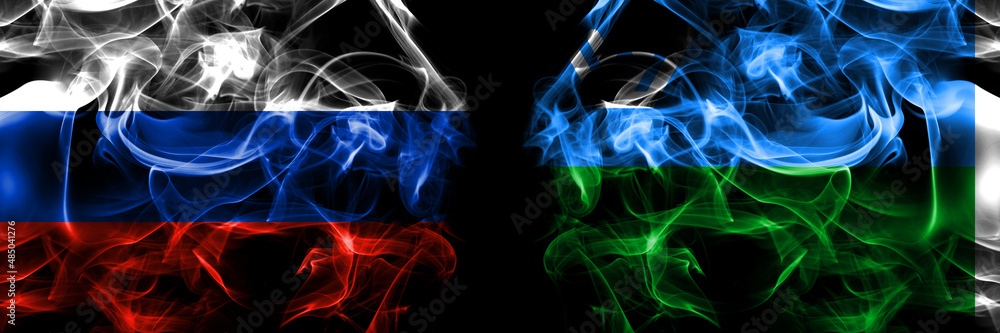 Fototapeta premium Russia, Russian vs Russia, Russian, Yugra flags. Smoke flag placed side by side isolated on black background