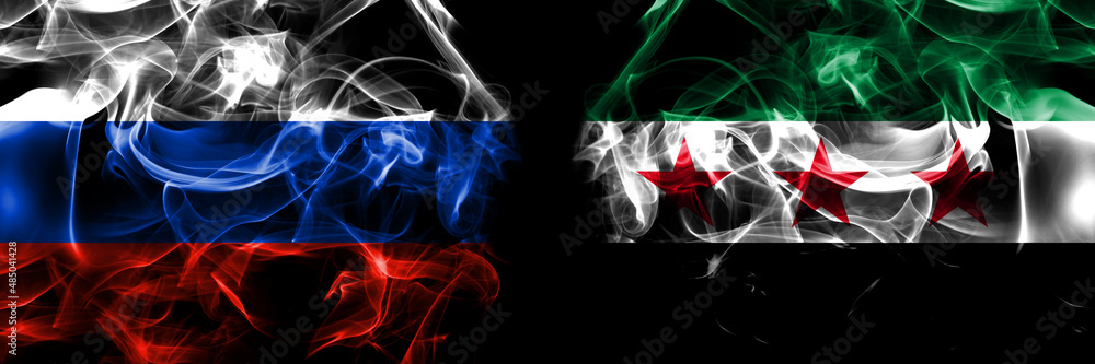 Russia, Russian vs Syria, Syrian Arab Republic, three stars flags. Smoke flag placed side by side isolated on black background
