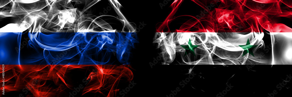 Russia, Russian vs Syria, Syrian flags. Smoke flag placed side by side isolated on black background