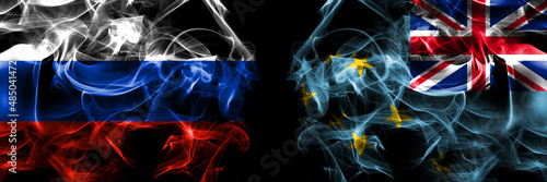 Russia, Russian vs Tuvalu flags. Smoke flag placed side by side isolated on black background