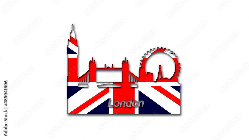Fototapeta premium The outlines of London decorated with the flag of Great Britain, its name is written on the outline of the city and the outlines of local attractions are visible