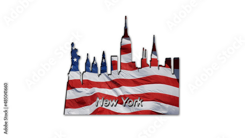 Outlines of New York, decorated with the US flag, its name is written on the outline of the city and the outlines of local attractions are visible