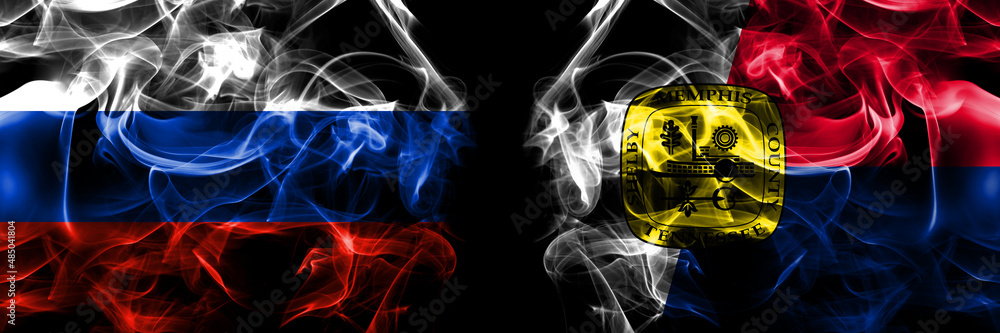Russia, Russian vs United States of America, America, US, USA, American, Memphis, Tennessee flags. Smoke flag placed side by side isolated on black background