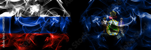 Russia, Russian vs United States of America, America, US, USA, American, Maine flags. Smoke flag placed side by side isolated on black background