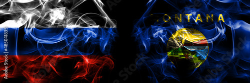 Russia, Russian vs United States of America, America, US, USA, American, Montana flags. Smoke flag placed side by side isolated on black background