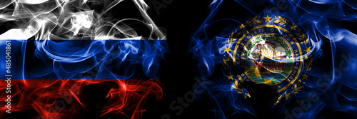 Russia, Russian vs United States of America, America, US, USA, American, New Hampshire flags. Smoke flag placed side by side isolated on black background