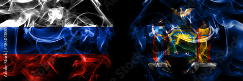 Russia, Russian vs United States of America, America, US, USA, American, New York flags. Smoke flag placed side by side isolated on black background