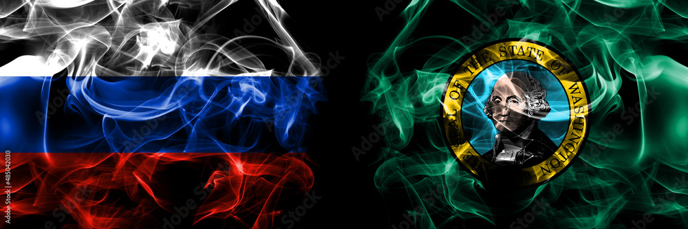 Russia, Russian vs United States of America, America, US, USA, American, Washington flags. Smoke flag placed side by side isolated on black background
