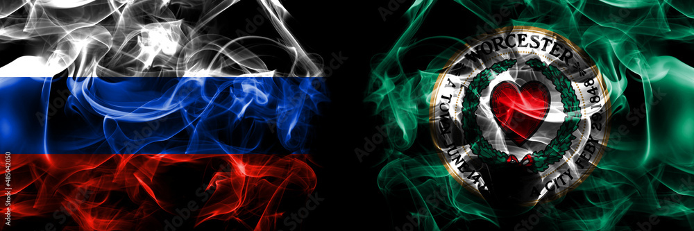 Russia, Russian vs United States of America, America, US, USA, American, Worcester, Massachusetts flags. Smoke flag placed side by side isolated on black background