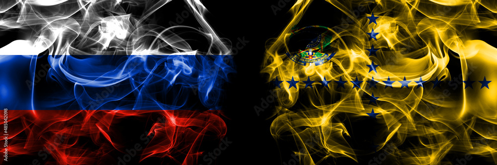 Obraz premium Russia, Russian vs Vice President Brazil flags. Smoke flag placed side by side isolated on black background