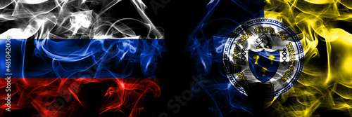 Russia, Russian vs United States of America, America, US, USA, American, Trenton, New Jersey flags. Smoke flag placed side by side isolated on black background