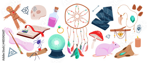 Mystical and magical set with diverse object for wizardry rituals. Tools for performing tricks, witchcraft fortune attributes, supernatural force cartoon vector illustration