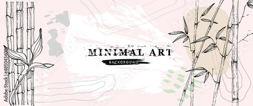 Abstract art background vector. Bamboo and botanical line art wallpaper. Luxury cover design with text and brush style. Floral asian art for spa and relax room wall decoration and prints.
