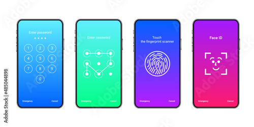 Set of smartphone screen lock templates with pattern password, face, fingerprint scanner, numeric passcode.