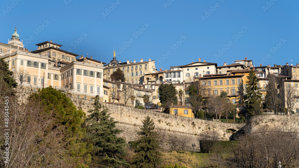 Bergamo, Italy. Amazing landscape at the old town located on the top of the hill. View from the new city (downtown). Bergamo one of the most beautiful city in Italy. Touristic destination