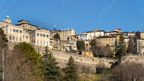 Bergamo, Italy. Amazing landscape at the old town located on the top of the hill. View from the new city (downtown). Bergamo one of the most beautiful city in Italy. Touristic destination