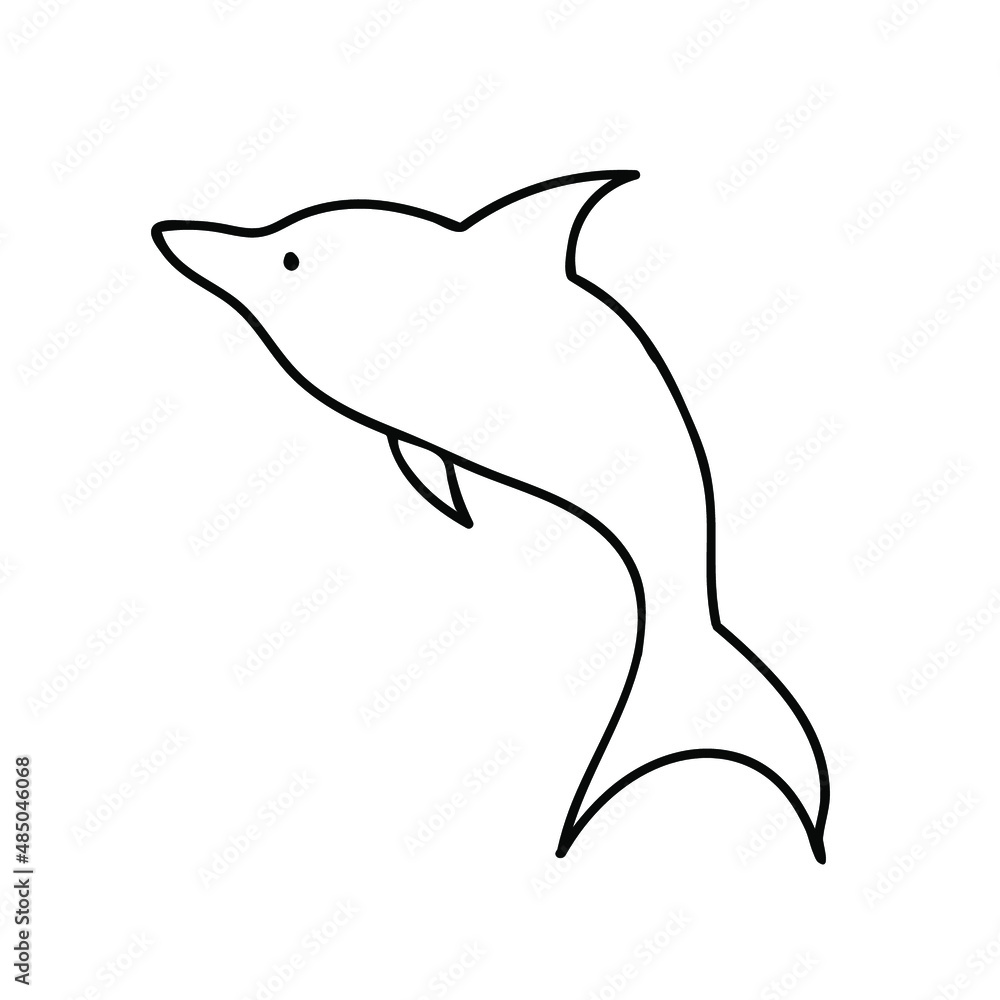 Obraz premium Vector simple illustration with Dolphin on white isolated background.Ocean,Summer underwater animal hand drawn in doodle style.Design for postcards,stickers,packages,social media,web,coloring.