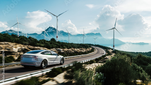 Electric car drive on the wind turbines background. Car drives along a mountain road. Electric car driving along windmills farm. Alternative energy for cars. Car and wind turbines farm. 3d render