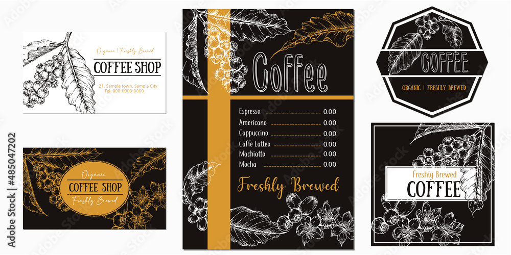 set of coffee shop menu and card designs, with hand drawn coffee plant illustration