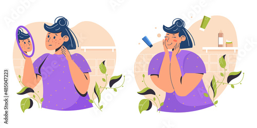 Beautiful young woman girl with two different skin conditions: acne, pimples, blackheads and healthy skin. Skincare and dermatology. Face mask, cream. Teenager skin. Flat cartoon vector illustration