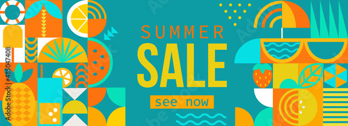 Summer sale,horizontal geometric banner with hot season symbols in geometry style.Posters,flyers design for covers,web,invitation for shopping.Template offer of big discounts deals.Vector illustration photo
