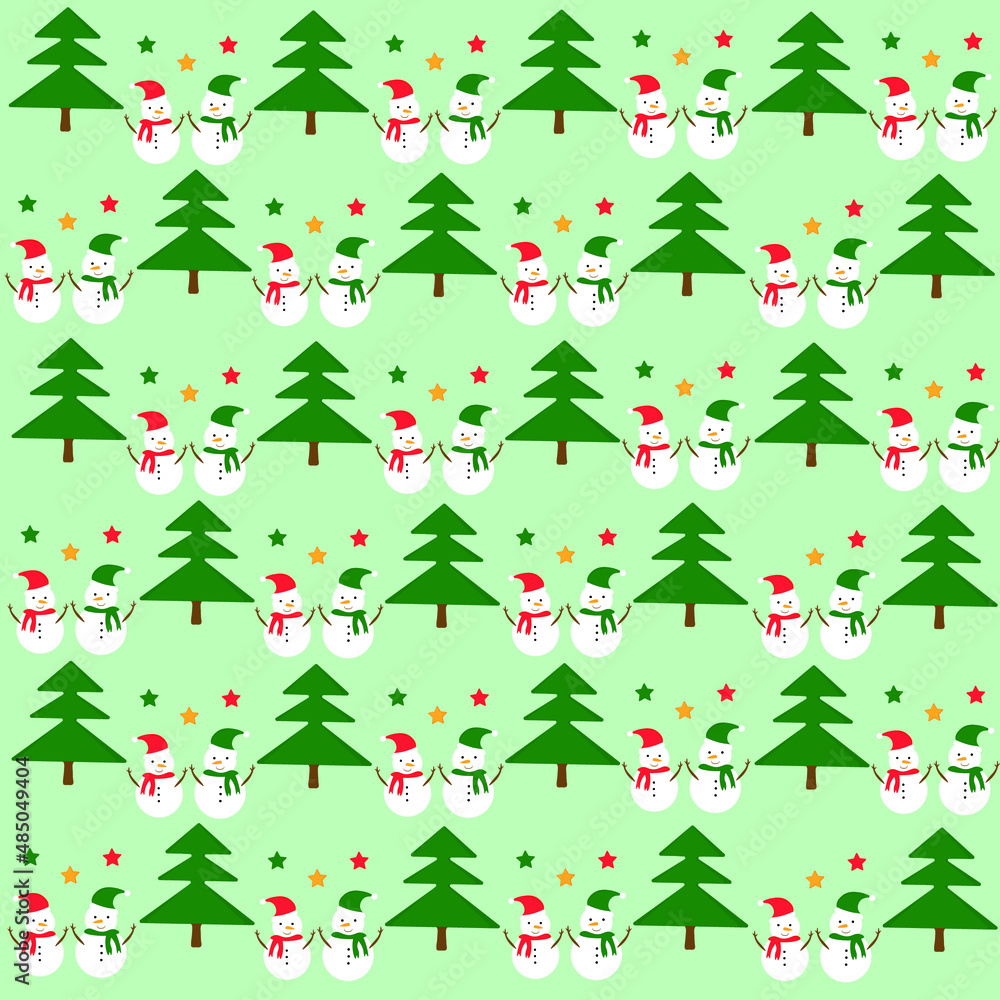 Seamless pattern for New year and Christmas celebration. Vector illustration. Flat style seamless Christmas pattern with snowman in Santa Claus hat and Christmas tree, shiny stars icons.