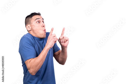 Profile of a surprised man pointing up with his fingers