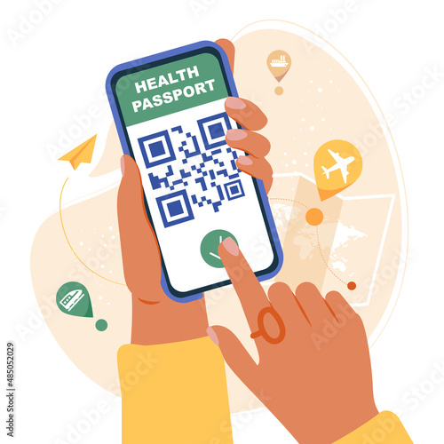 Health passport concept. Hand holding a smartphone with QR code, vaccination status. Electronic certificate of vaccination. Mobile screen with QR code. Vector illustration in flat style