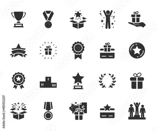 Vector set of reward flat icons. Contains icons prize, trophy, winner, gift, loyalty program, bonus card and more. Pixel perfect.