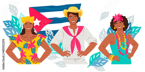 Cuban people on  background of the national flag of Cuba   flat vector illustration on a white background. Travel and tourism promotional materials banner template.
