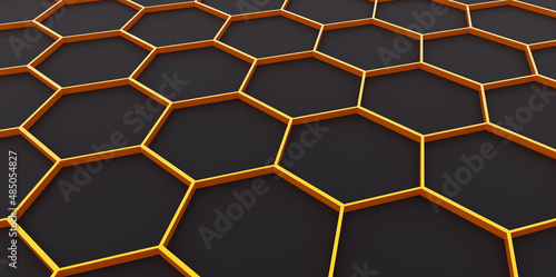 Fototapeta Naklejka Na Ścianę i Meble -  Background with 3D hexagons pattern, gold honeycomb structure on black background, 3D technology interesting texture render illustration.