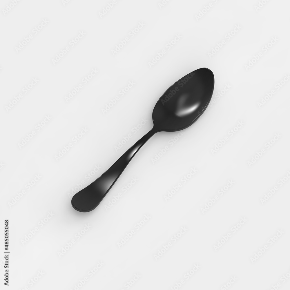 Spoon is black on gray background. Isolated object. perspective view. Square image. 3D image. 3D rendering. Spoon is black on gray background. Isolated object. perspective view. Square image. 3D image. 3D rendering.