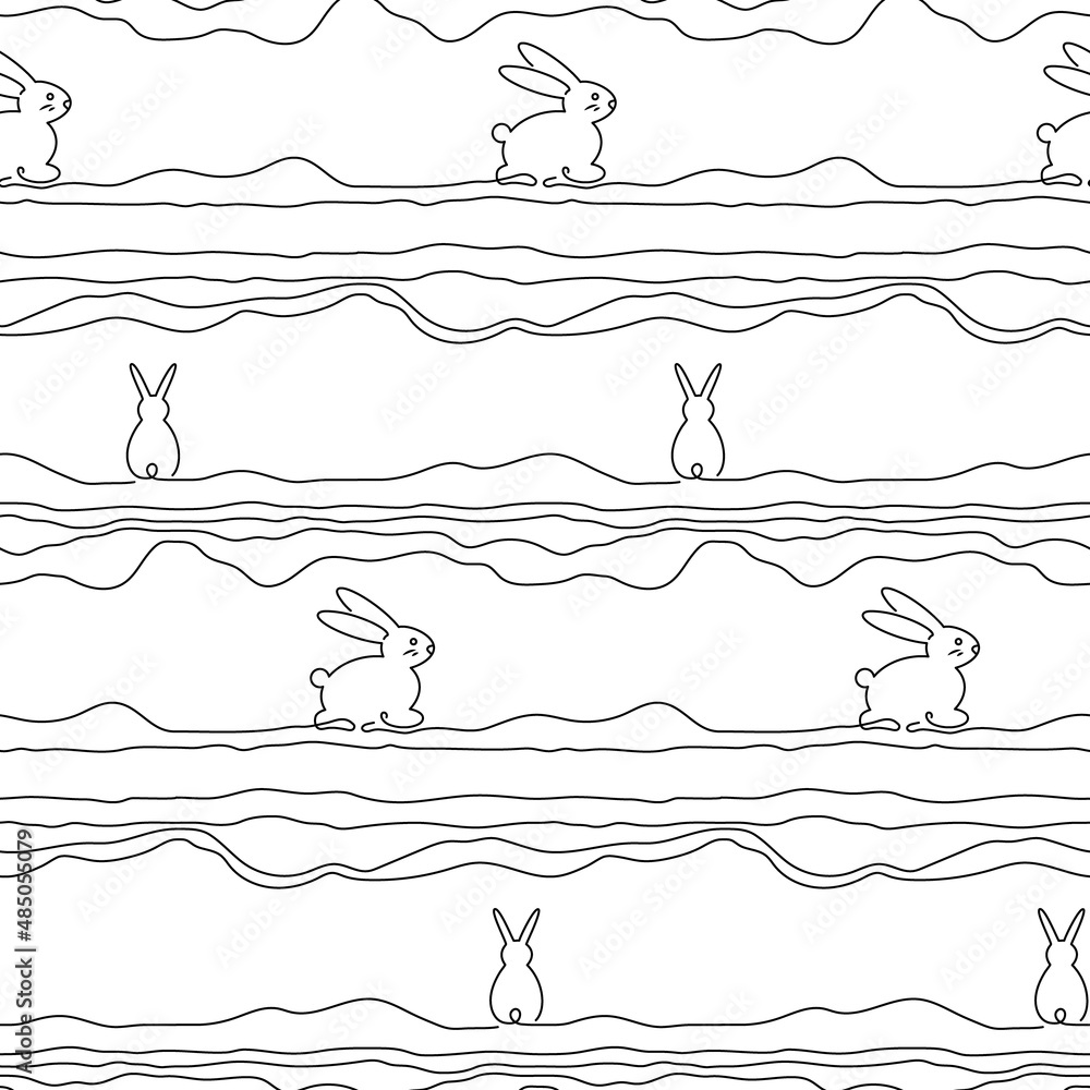 Vector seamless pattern. Outline bunny background. Line art illustration.  rabbit single line. Happy Easter. New Year 2023