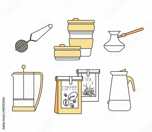 Set vector icons zero waste things for kitchen. Reusable cup for drinks. Save our planet. Five r concept