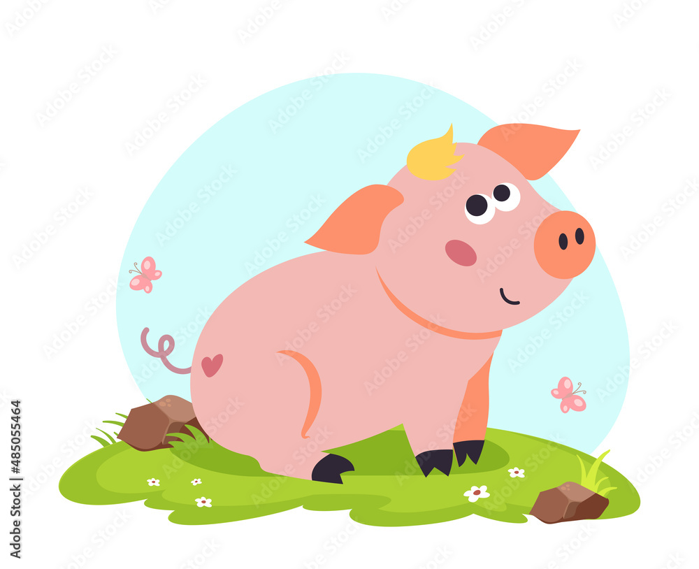 Cute pig vector flat illustration with landscape isolated on white background. Farm animals cartoon pig character an a grass Cute pig vector flat illustration with landscape isolated on white background. Farm animals cartoon pig character an a grass
