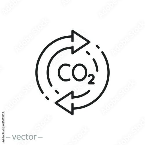 recycling co2 icon, carbon circulation balance, offset or reduction emission, thin line symbol on white background - editable stroke vector illustration