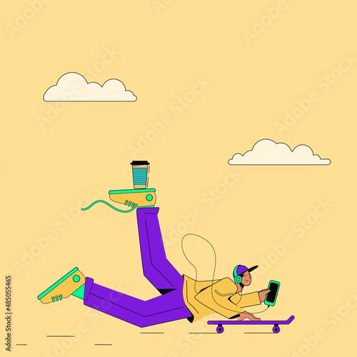 A young man balances on a skateboard with coffee and a phone. Vector illustration on yellow background