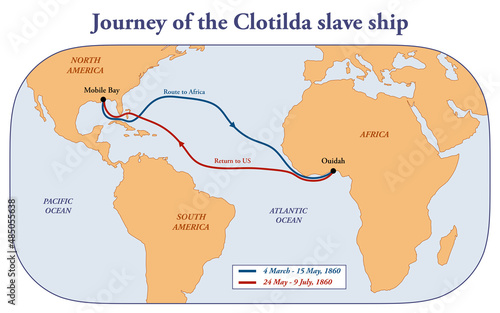 Map with the journey of the Clotilda slave ship