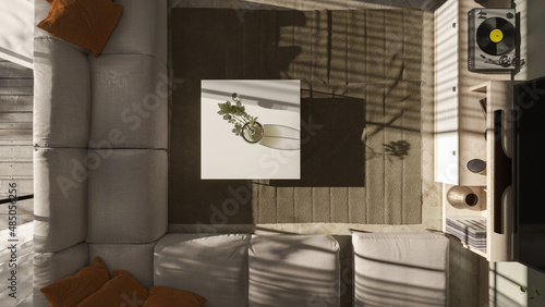 Top View of an Open Plan Living Room with Furniture in Daylight 3D Rendering