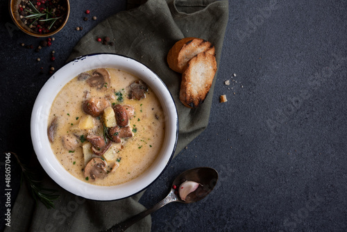 Photography Creamy porcini mushroom soup in a rustic bowl