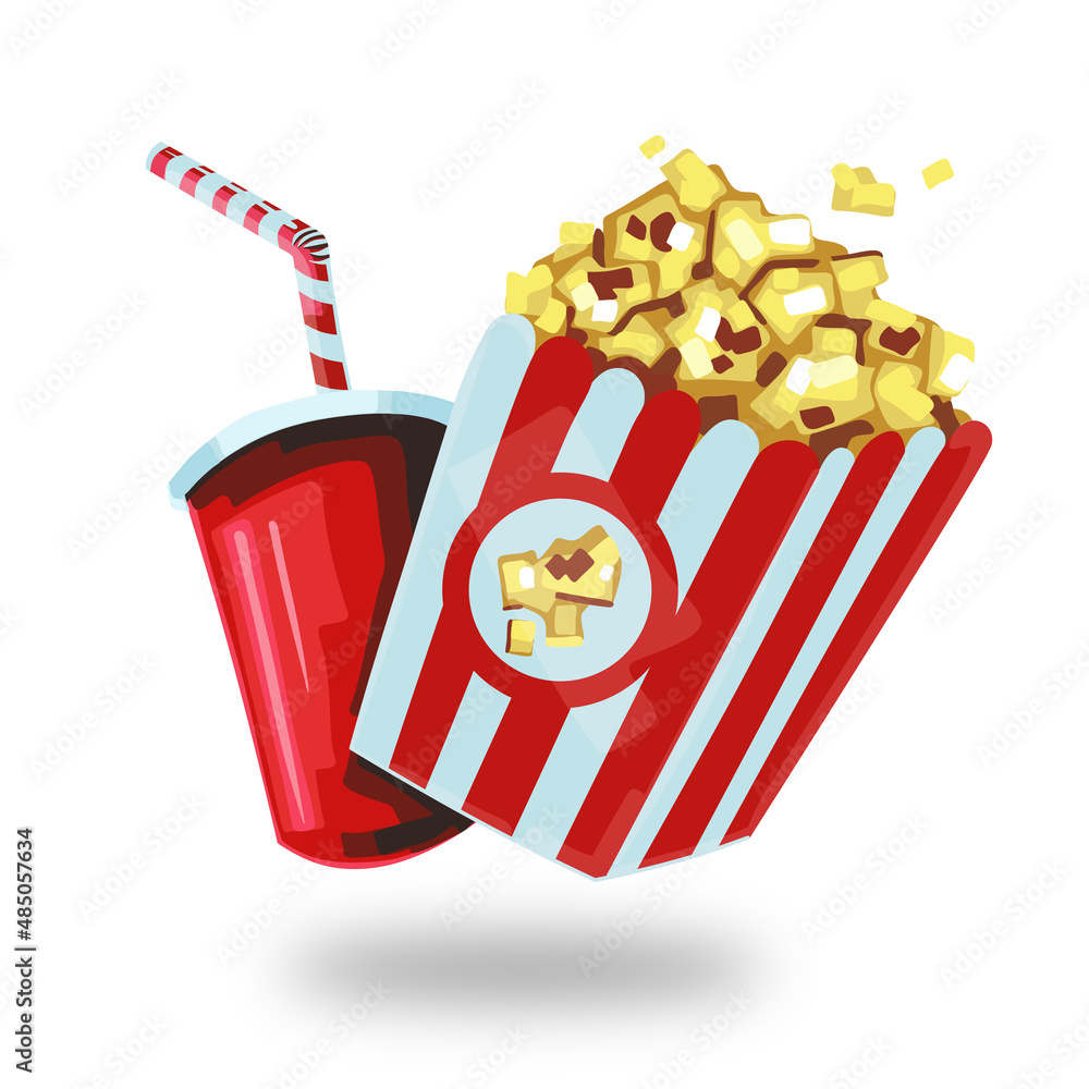 Popcorn and drinks illustration. Popcorn isolated illustration. Drawn