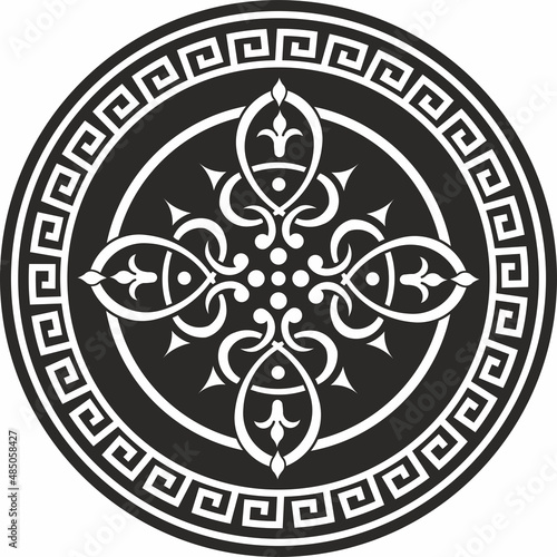 Vector monochrome round ornament of Ancient Greece and Roman Empire. Classic circle with a pattern of European peoples. Meander frame.
