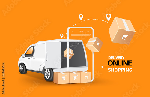 The parcel box floated out of the delivery van and through the smartphone and has a pin location at the top for delivery and online concept design,vector 3d isolated on orange background