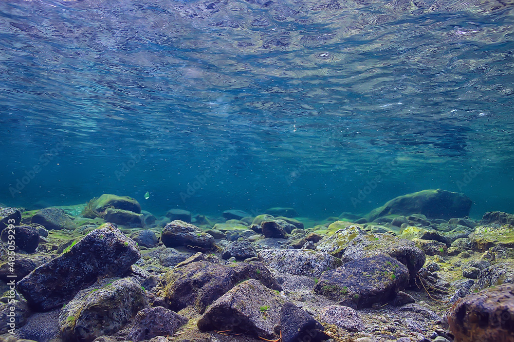 Obraz premium ocean underwater rays of light background, under blue water sunlight
