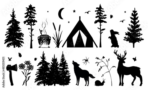 silhouette of tent and trees vector. camping vector silhouette. camping set vector. vector eps art