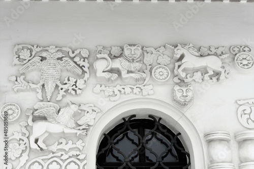 Russia, St. Petersburg, January 2022. A fragment of the wall of the cathedral with stucco decorations in the Russian style.